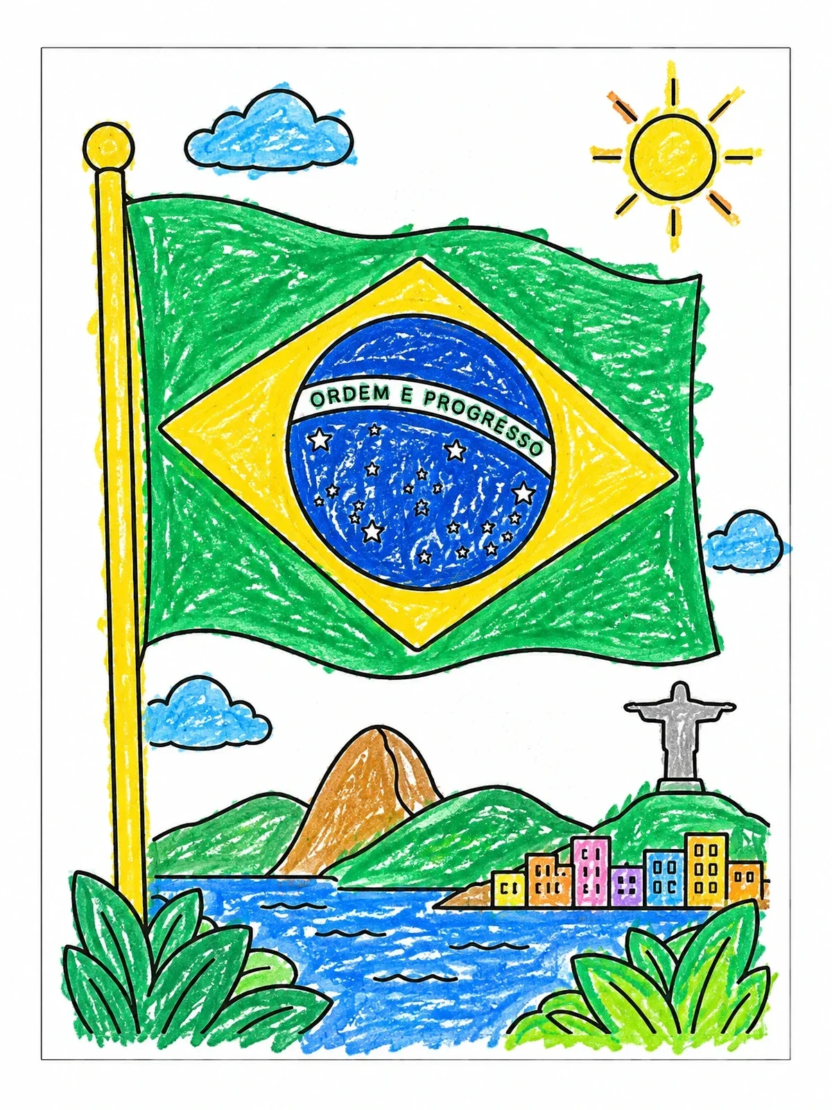 Colored example of the Brazilian Flag Over Rio De Janeiro coloring page