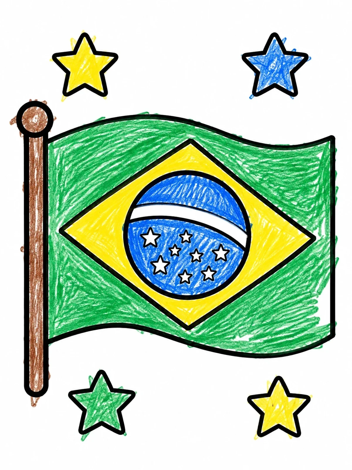 Colored example of the Brazilian Flag With Outline Stars coloring page