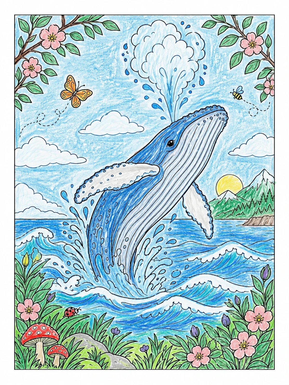 Colored example of the Breaching Humpback Whale In Ocean coloring page