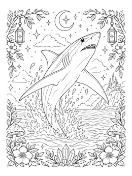 A dynamic mako shark coloring page featuring a breaching shark amidst a fantasy landscape with lanterns.
