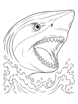 A detailed mako shark coloring page showing its head emerging from ocean waves.