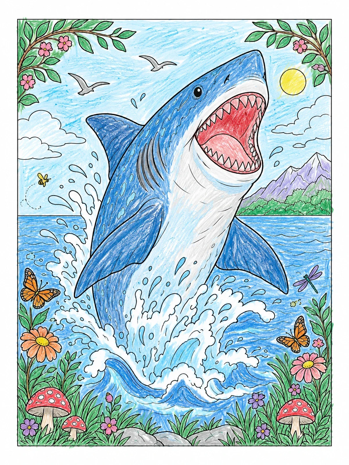 Colored example of the Breaching Megalodon In Ocean Waves coloring page
