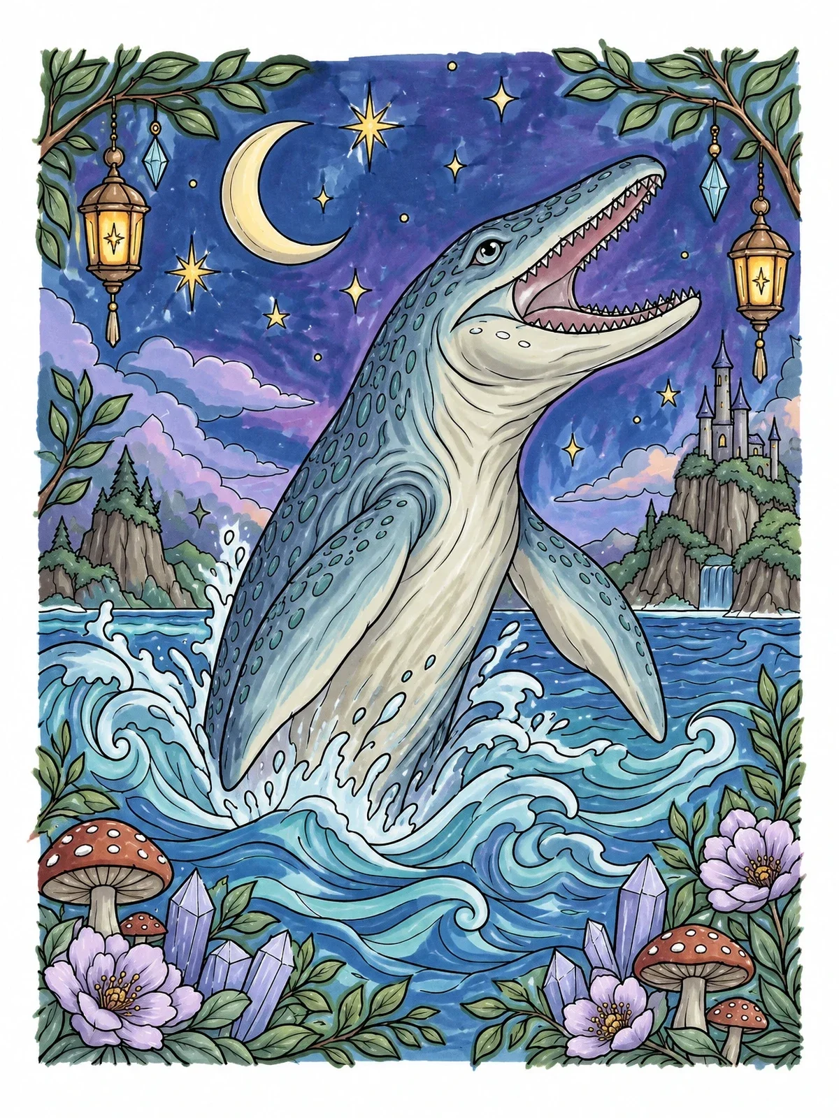 Colored example of the Breaching Mosasaurus In Fantasy Nightscape coloring page