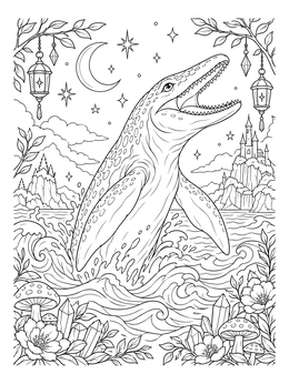 Free printable Breaching Mosasaurus In Fantasy Nightscape coloring page