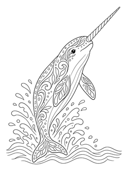 A decorative narwhal coloring page leaping out of the ocean waves.