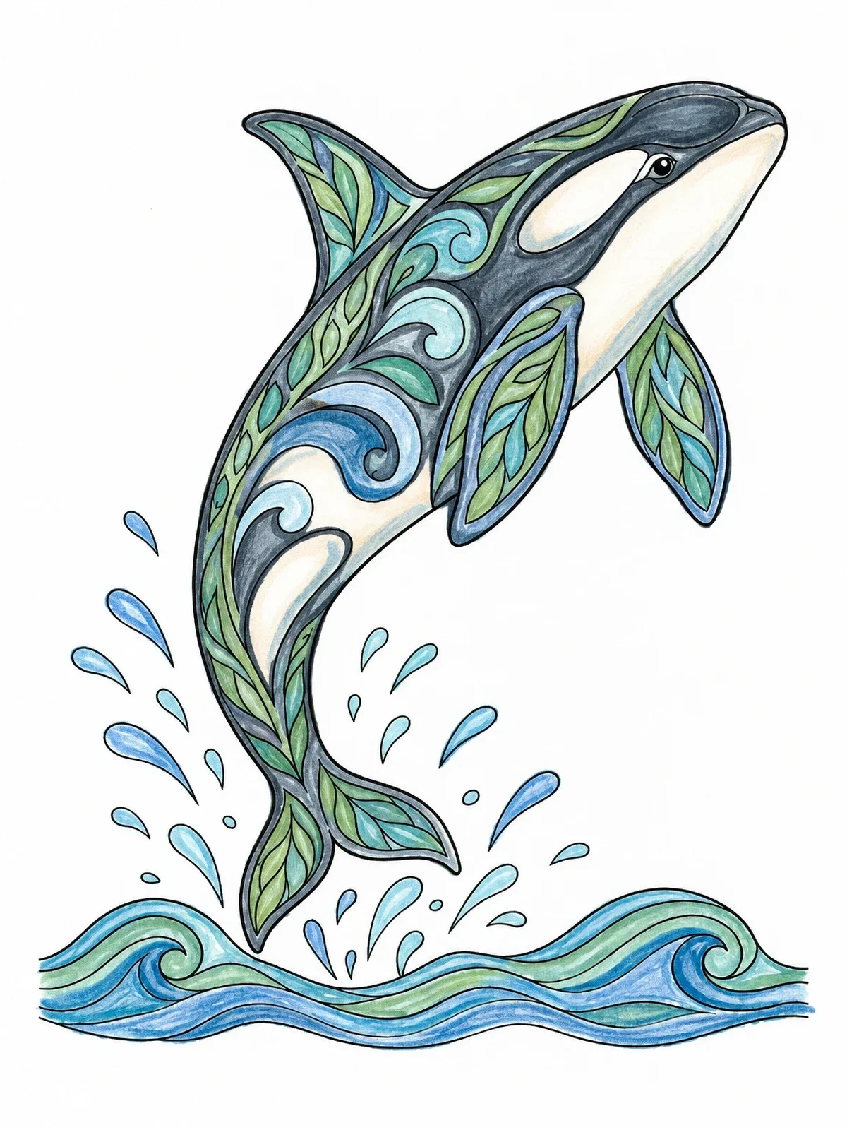 Colored example of the Breaching Patterned Killer Whale coloring page