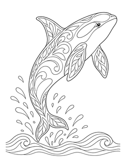 An ornate killer whale coloring page showing an orca leaping above ocean waves.