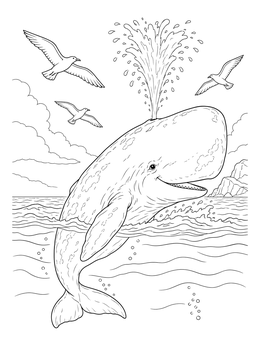 A detailed sperm whale coloring page with water spouting into the sky and flying seagulls.