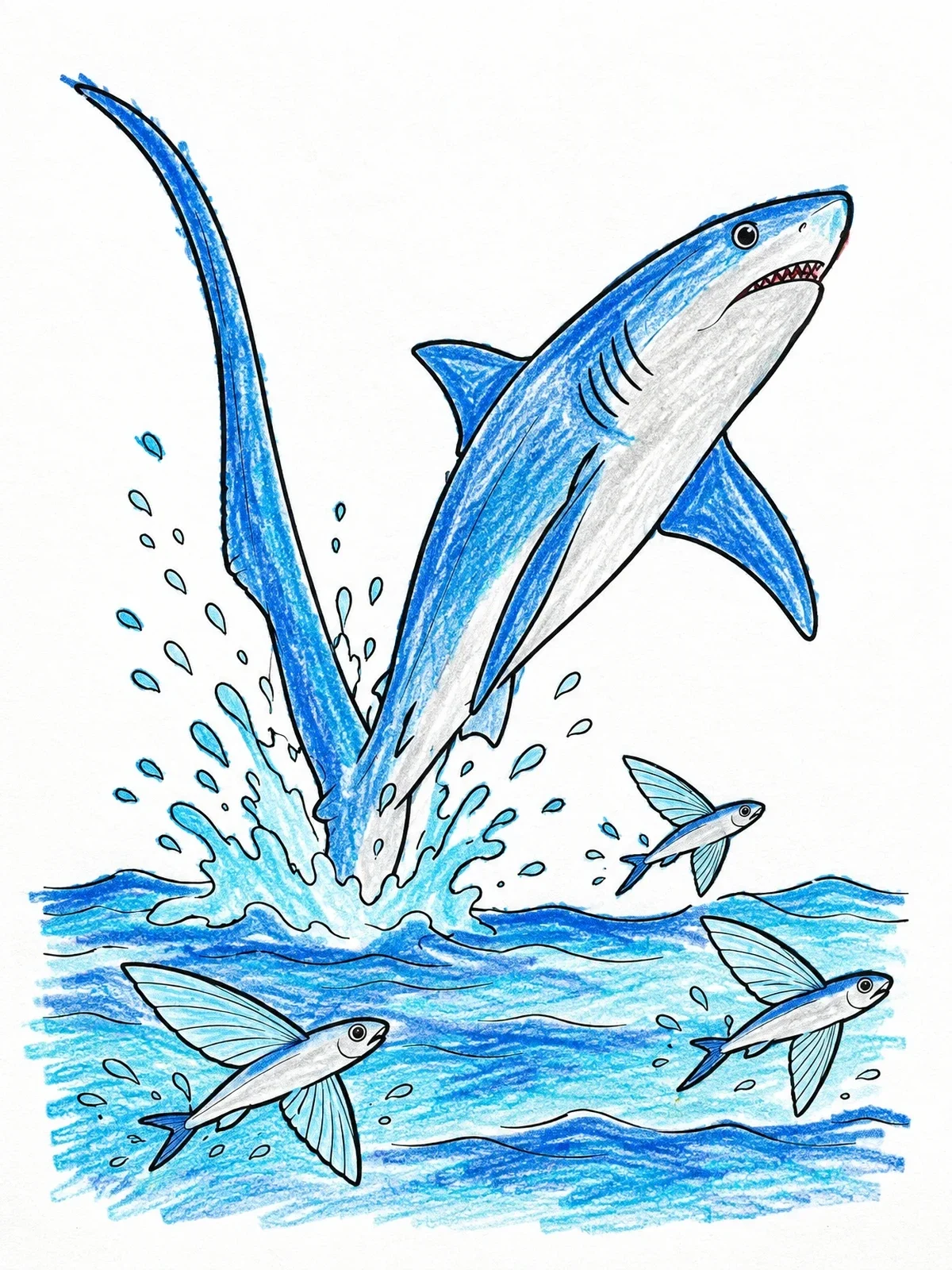 Colored example of the Breaching Thresher Shark And Flying Fish coloring page