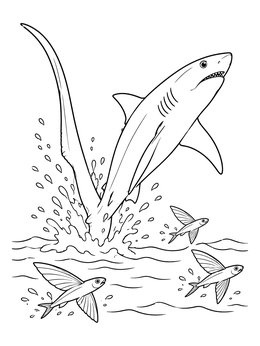 A thresher shark coloring page featuring the shark leaping above ocean waves alongside flying fish.