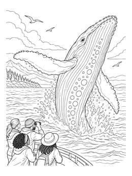 Spectators watch a whale breach on this polka dots coloring page.