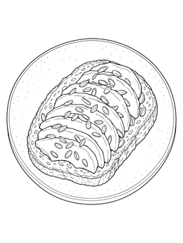 Detailed bread coloring page featuring a slice of toasted bread topped with sliced avocado and seeds.
