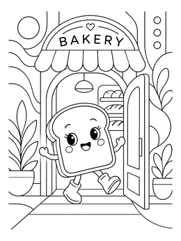 A cheerful bread coloring page showing a happy cartoon toast slice walking out of a bakery door.