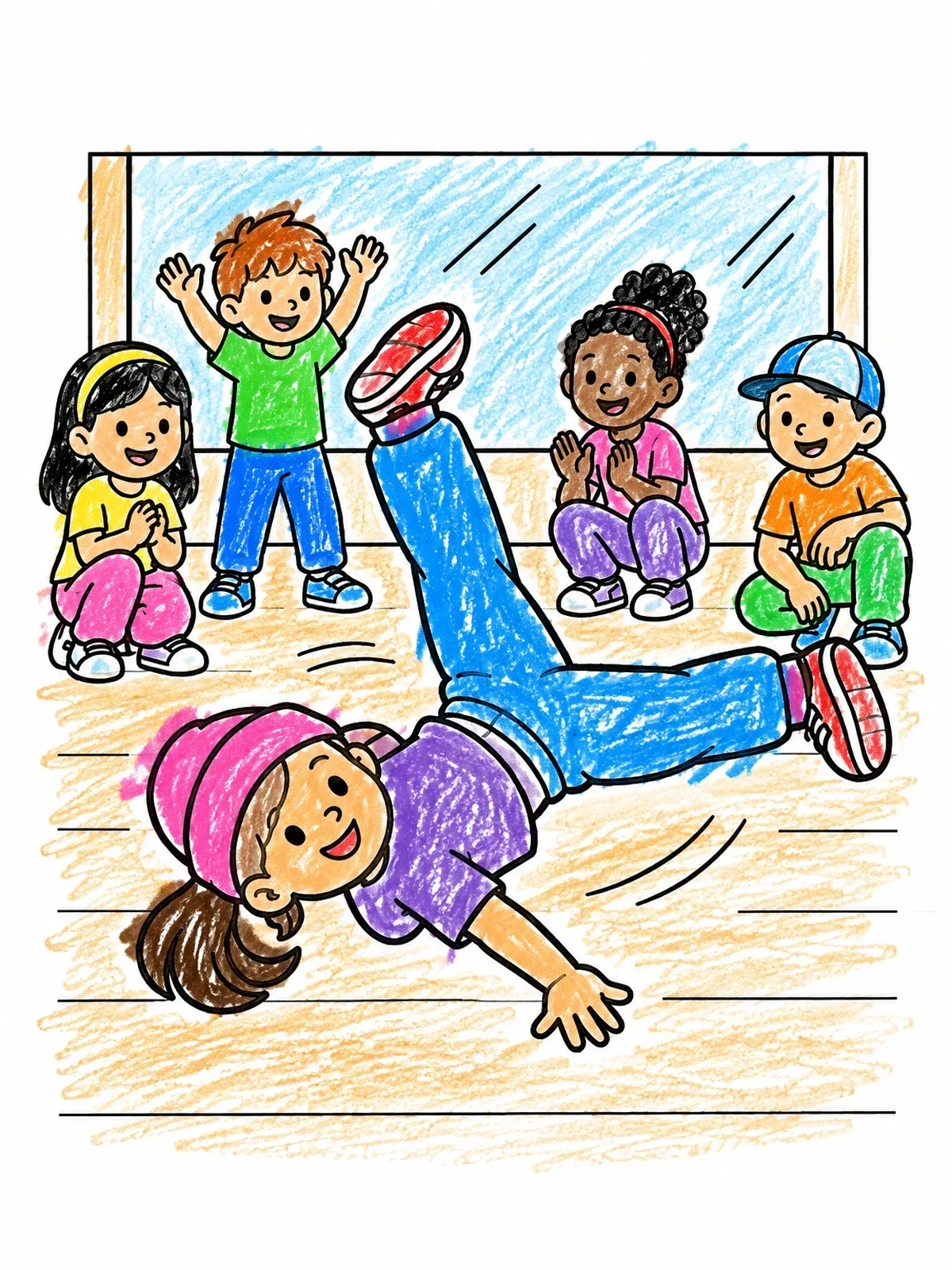 Colored example of the Breakdancer Girl Performing For Friends coloring page