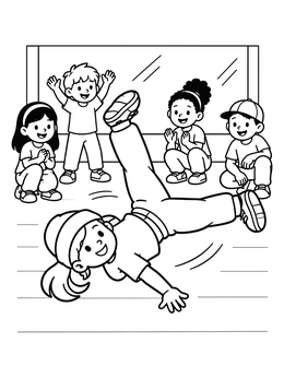 Kids cheering a breakdancing girl in this fun dance coloring page.