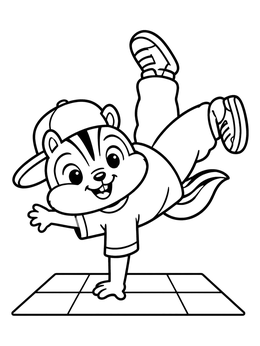 A cool breakdancing chipmunk coloring page balancing on one hand in sneakers and a cap.