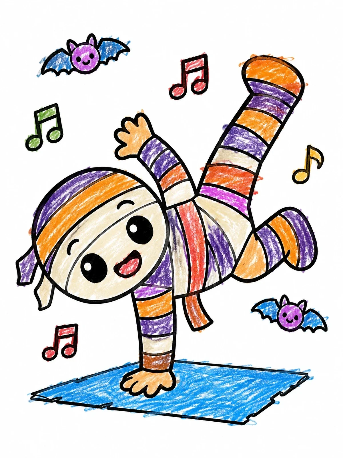 Colored example of the Breakdancing Mummy With Bats coloring page