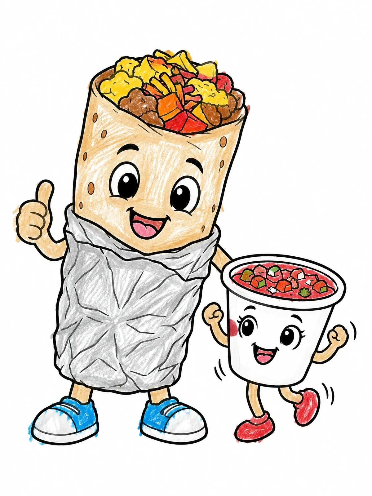Colored example of the Cheerful Breakfast Burrito And Dancing Salsa Cup coloring page