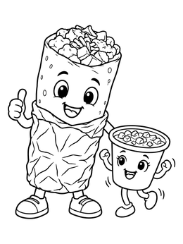 Free printable Cheerful Breakfast Burrito And Dancing Salsa Cup coloring page