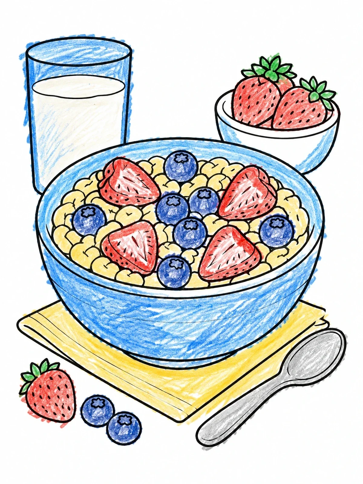 Colored example of the Breakfast Cereal With Berries And Milk coloring page