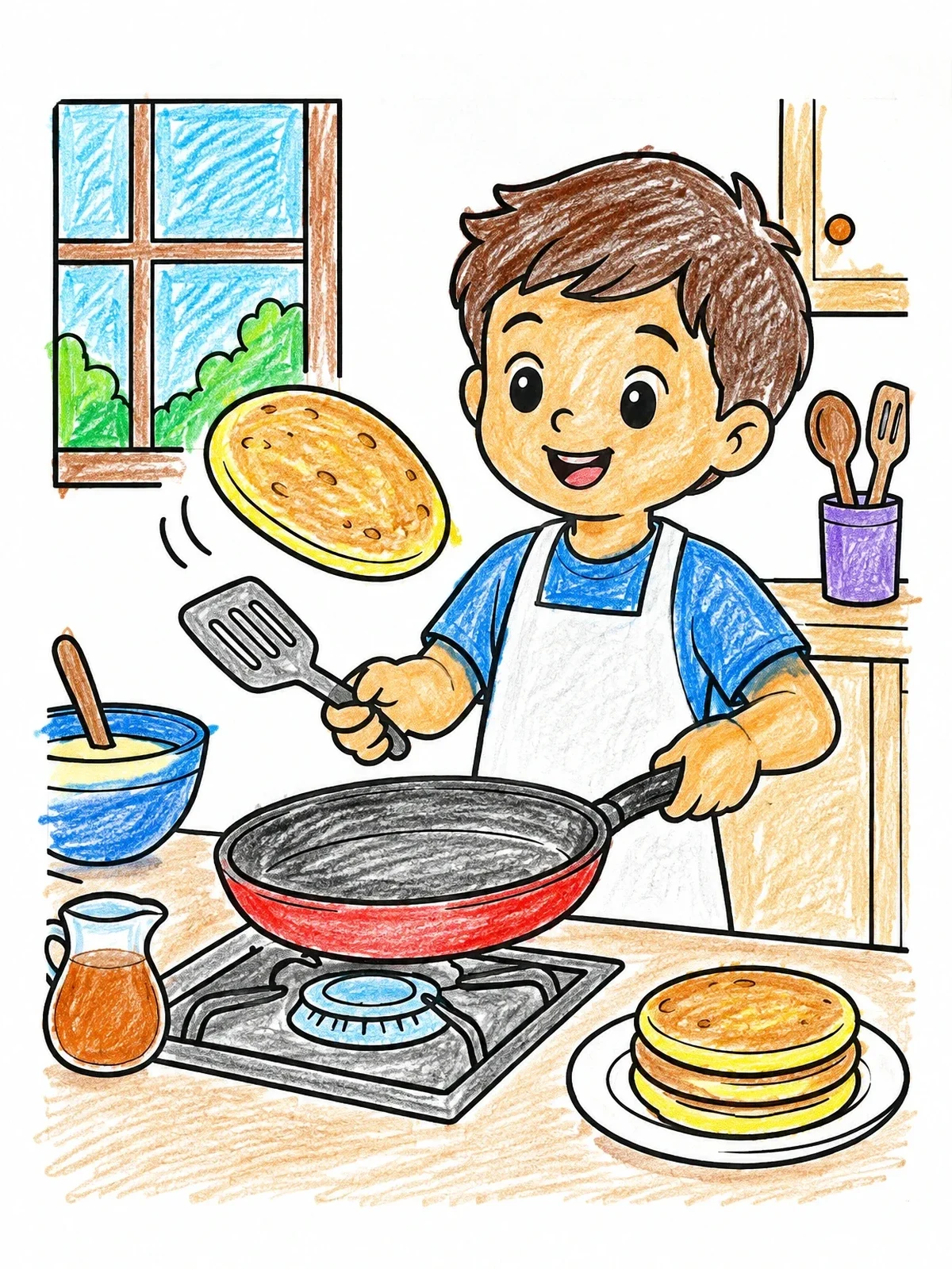 Colored example of the Boy Flipping Pancakes In The Kitchen coloring page