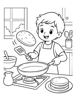 Free printable Boy Flipping Pancakes In The Kitchen coloring page