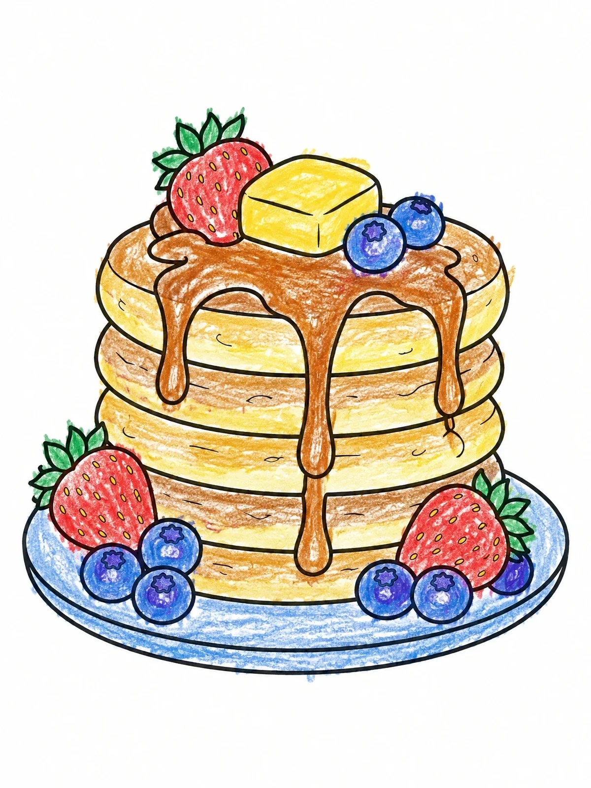 Colored example of the Stack Of Fluffy Pancakes With Berries coloring page