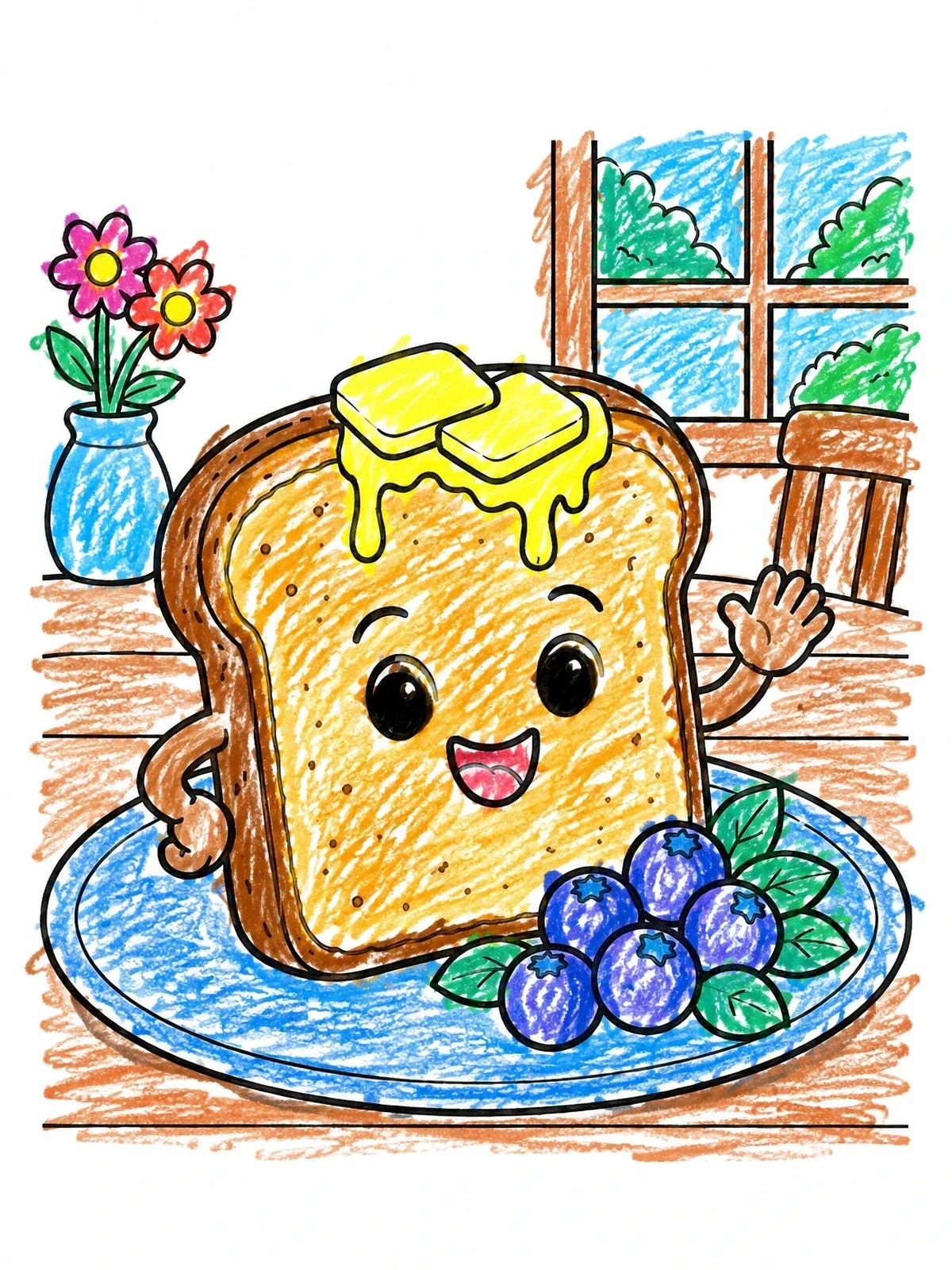 Colored example of the Happy Toast With Butter And Berries coloring page
