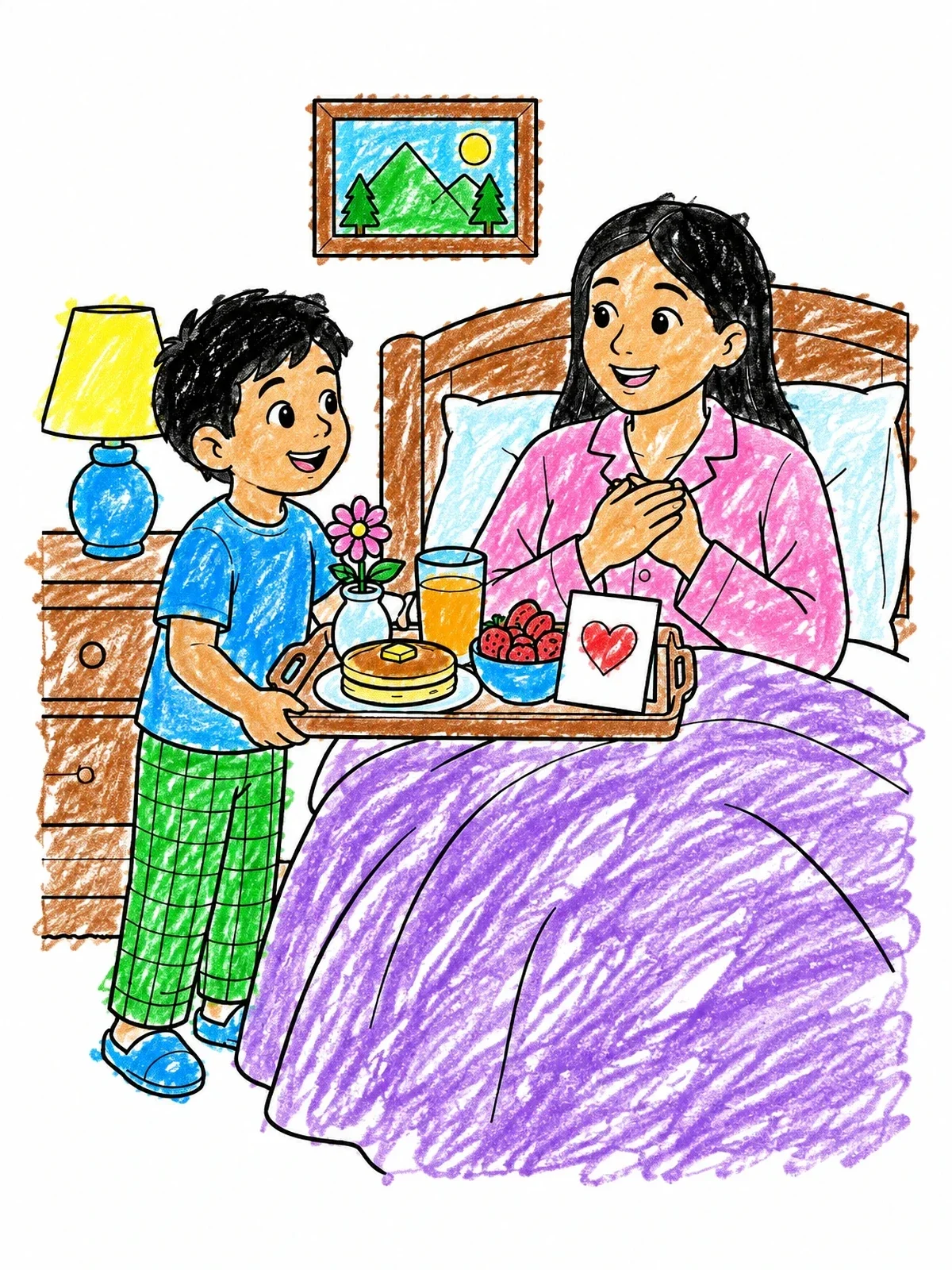 Colored example of the Breakfast In Bed For Mom coloring page
