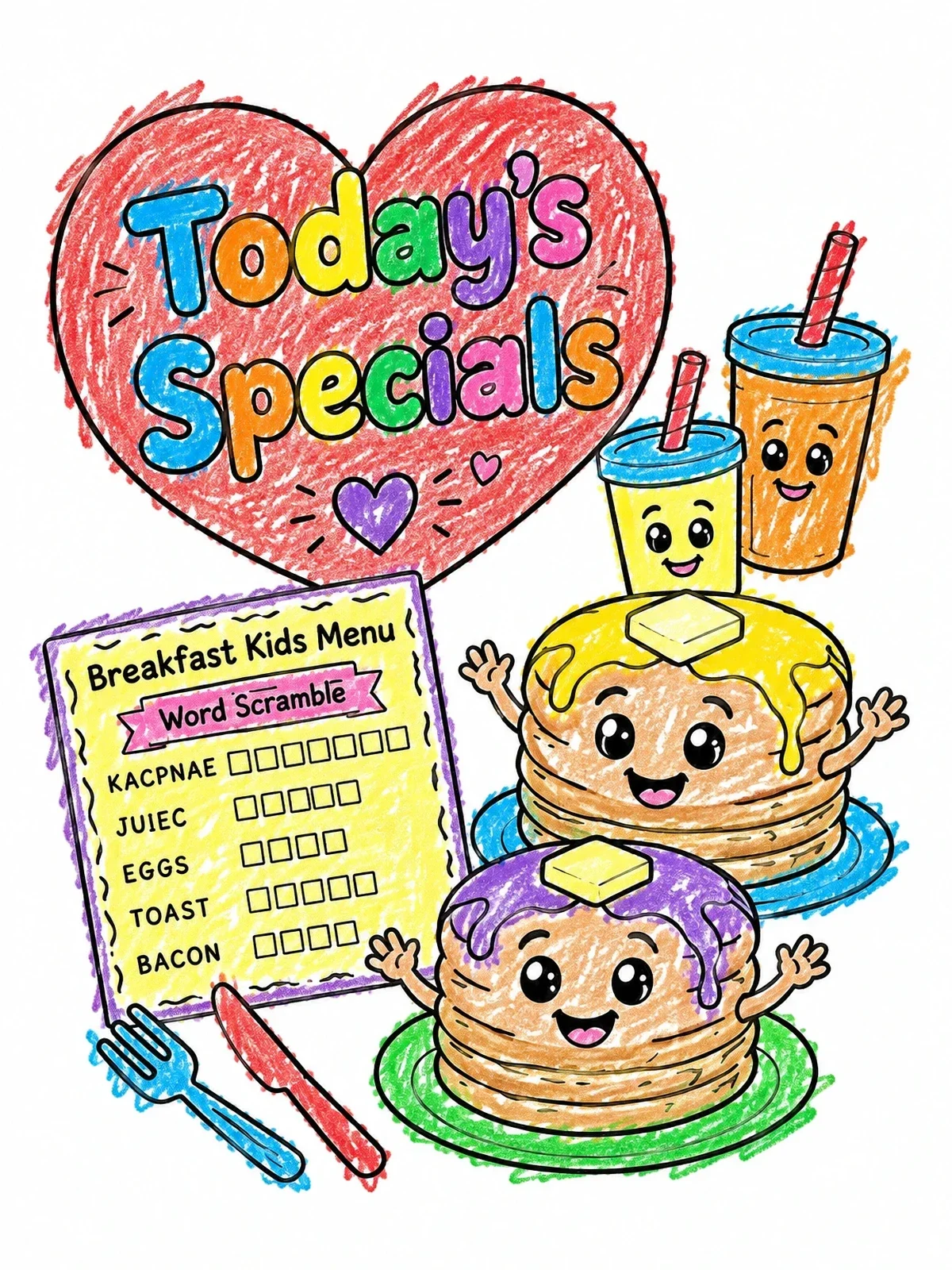 Colored example of the Breakfast Kids Menu With Pancake Characters coloring page
