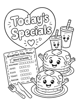 Free printable Breakfast Kids Menu With Pancake Characters coloring page