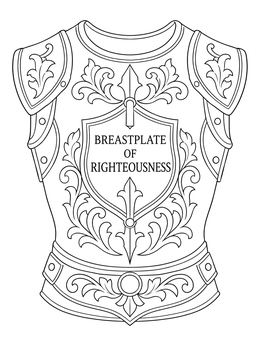 An ornate breastplate of righteousness armor of god coloring page with detailed floral engravings.