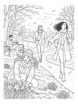 People enjoy a windy stroll among early spring blooms in this March coloring page.