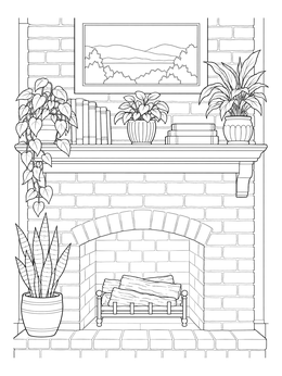 A detailed fireplace coloring page with potted houseplants and books on the mantel.