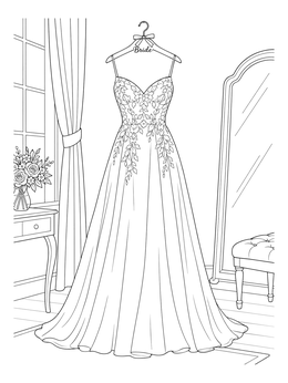 An elegant wedding dress coloring page featuring a bridal gown hanging in a bright room.