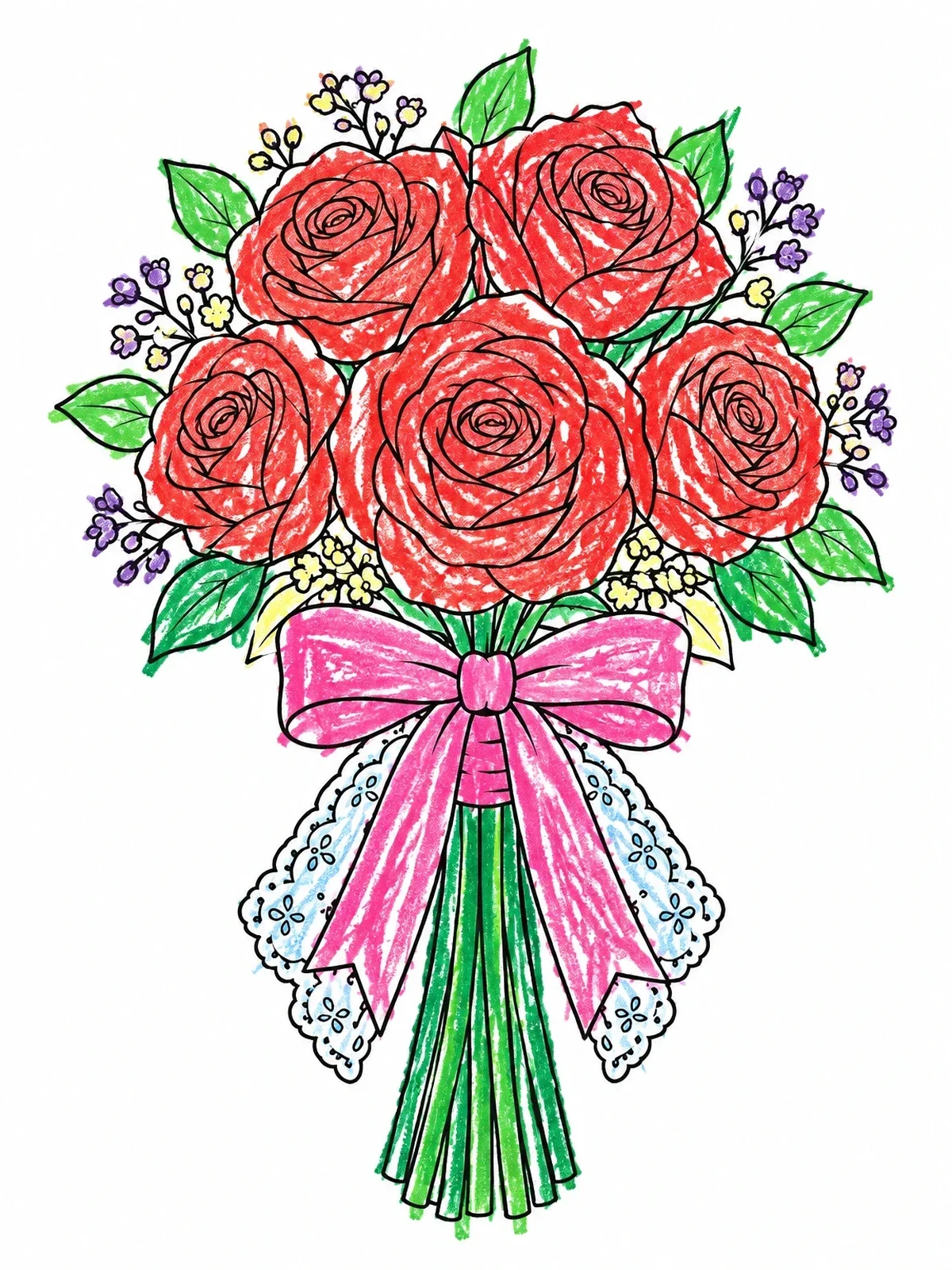 Colored example of the Bridal Rose Bouquet With Ribbon coloring page