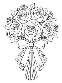 A romantic bridal rose coloring page featuring blooming roses tied with ribbon and lace.