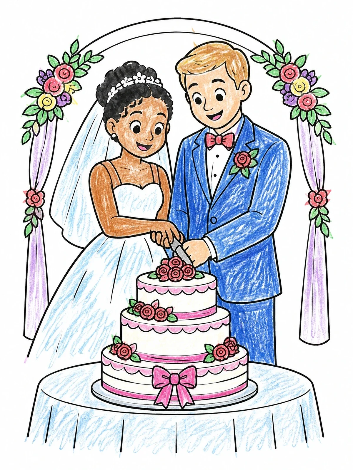 Colored example of the Bride And Groom Cutting Cake coloring page