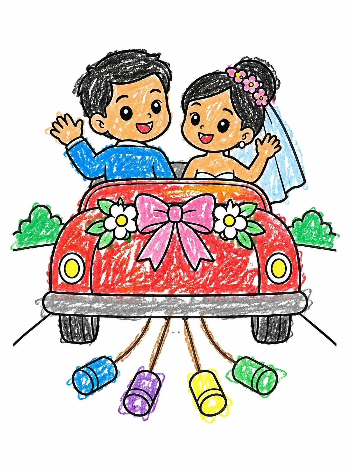 Colored example of the Bride And Groom In Getaway Car coloring page
