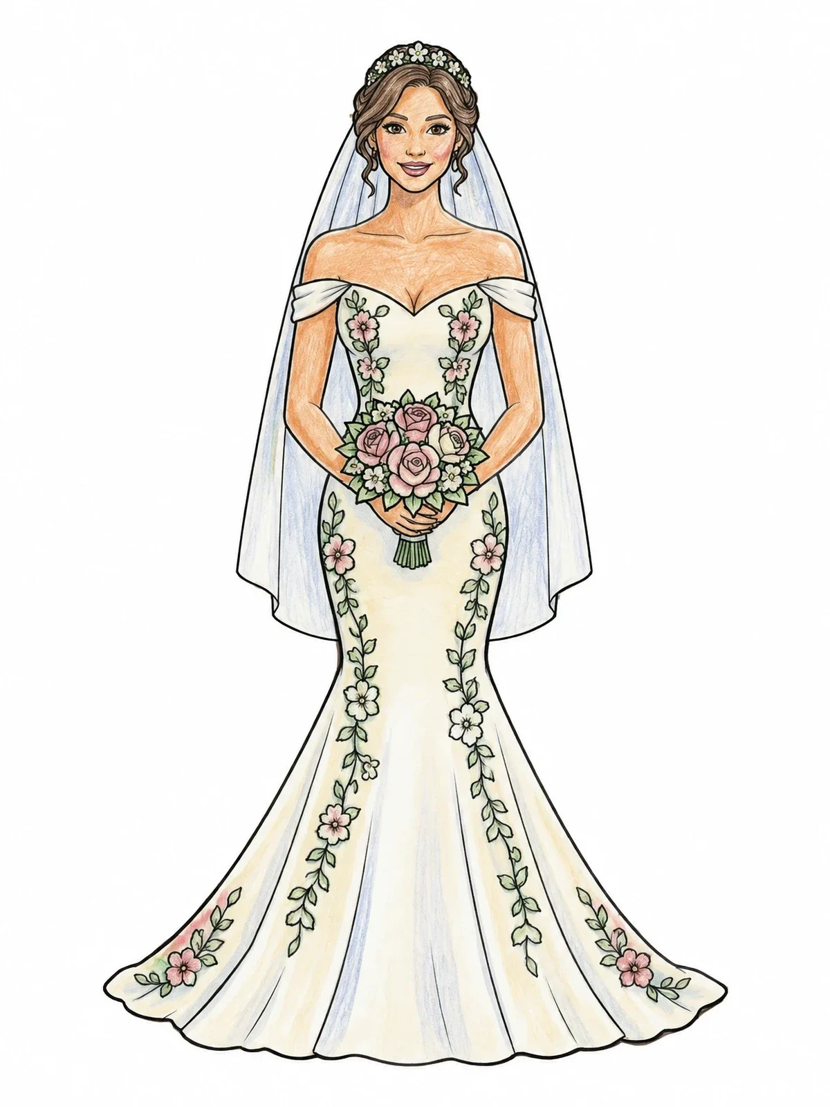 Colored example of the Bride In Embroidered Mermaid Gown coloring page