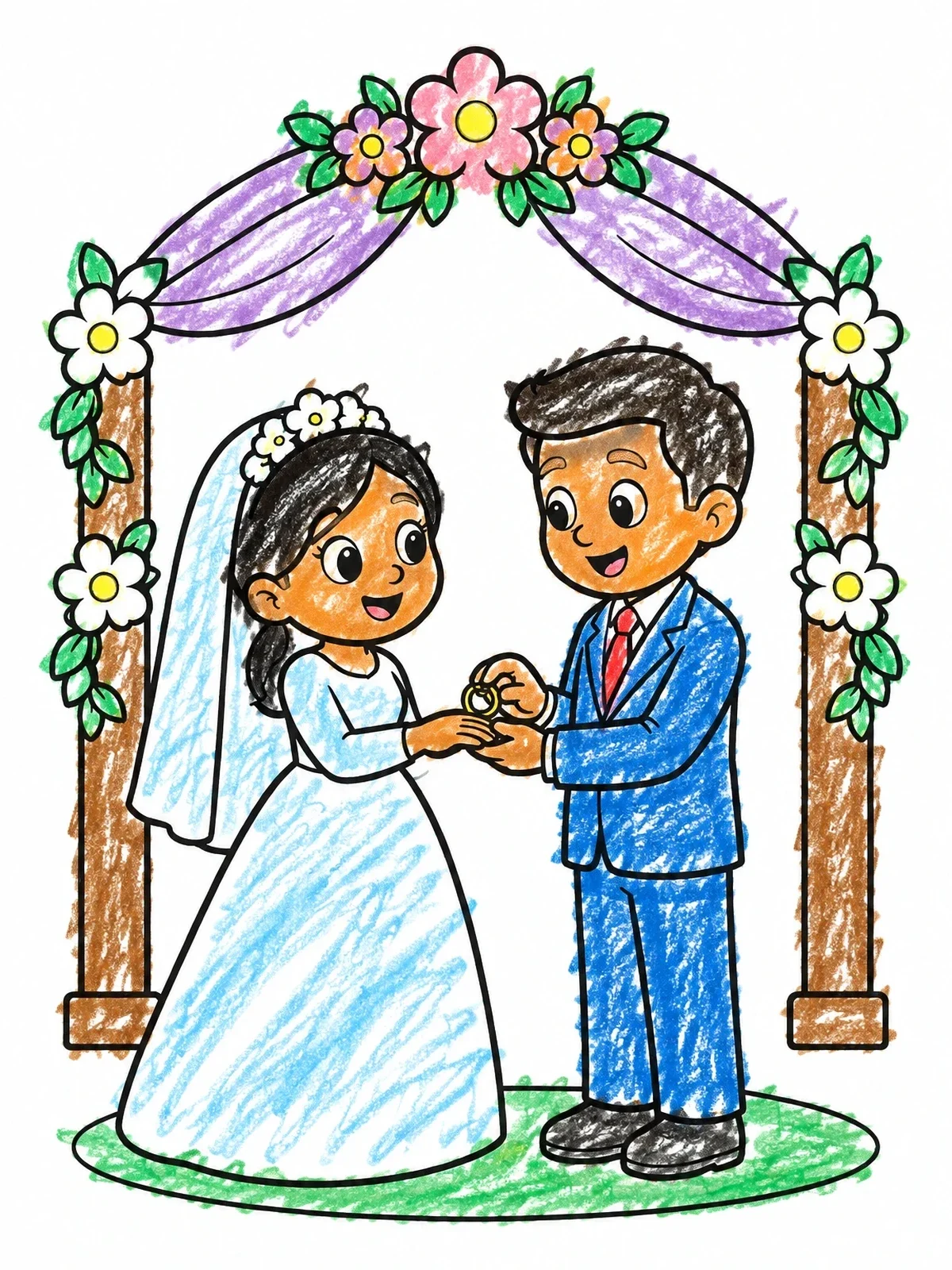 Colored example of the Bride And Groom Exchanging Rings coloring page