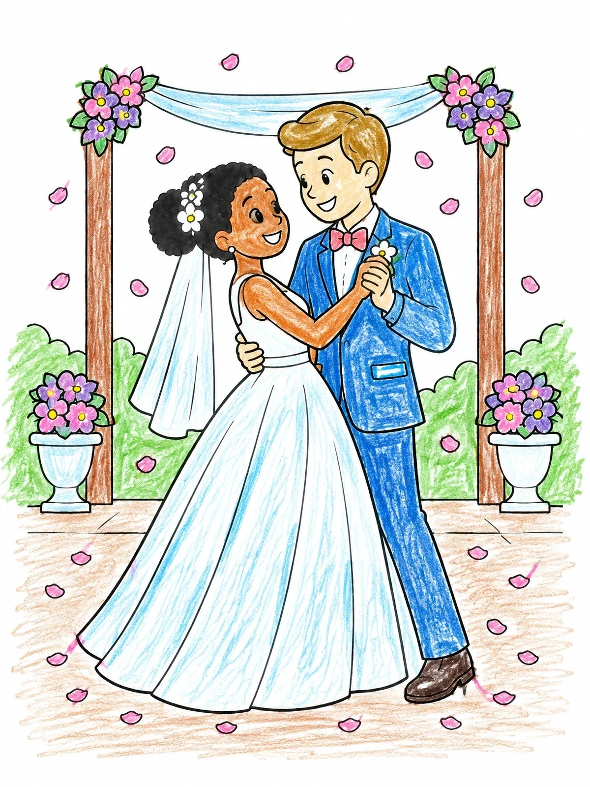 Colored example of the Newlyweds Dancing Under Flower Arch coloring page