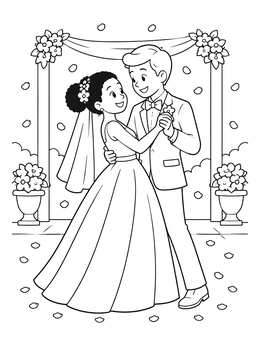 Free printable Newlyweds Dancing Under Flower Arch coloring page