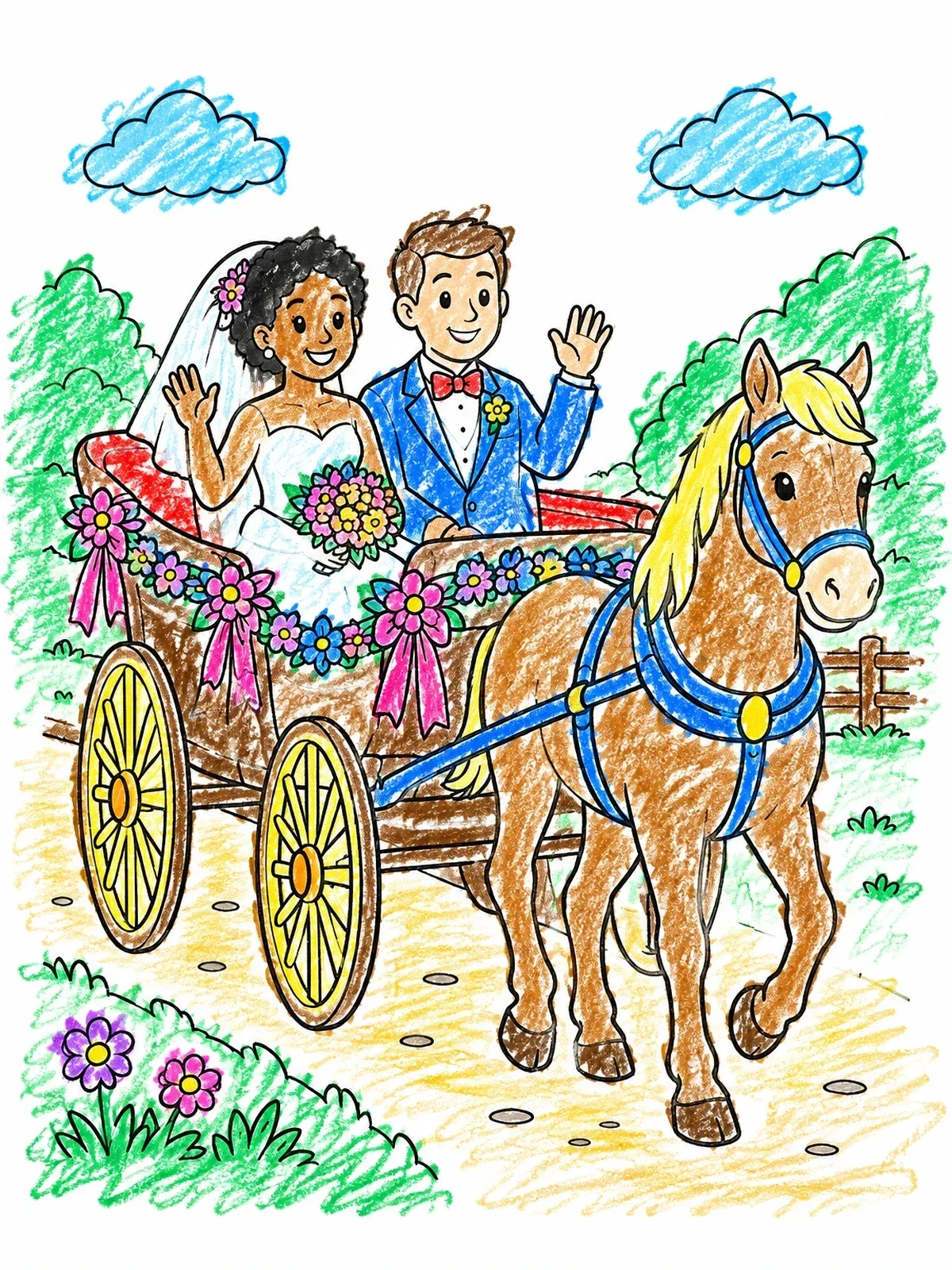 Colored example of the Newlyweds In A Horse Drawn Carriage coloring page