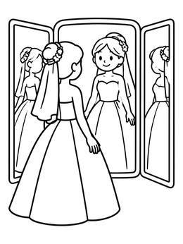 A happy bride tries on her gown in this wedding dress coloring page.