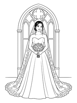 A smiling bride holds a bouquet in this elegant wedding dress coloring page.
