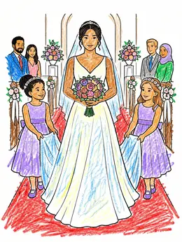 Bride Walking Down The Aisle With Flower Girls – Dress Coloring Page