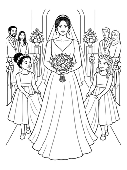 A smiling bride and two flower girls in this lovely wedding dress coloring page.