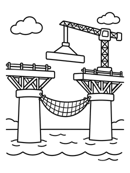 A crane lowers a road piece over water in this bridge construction coloring page.
