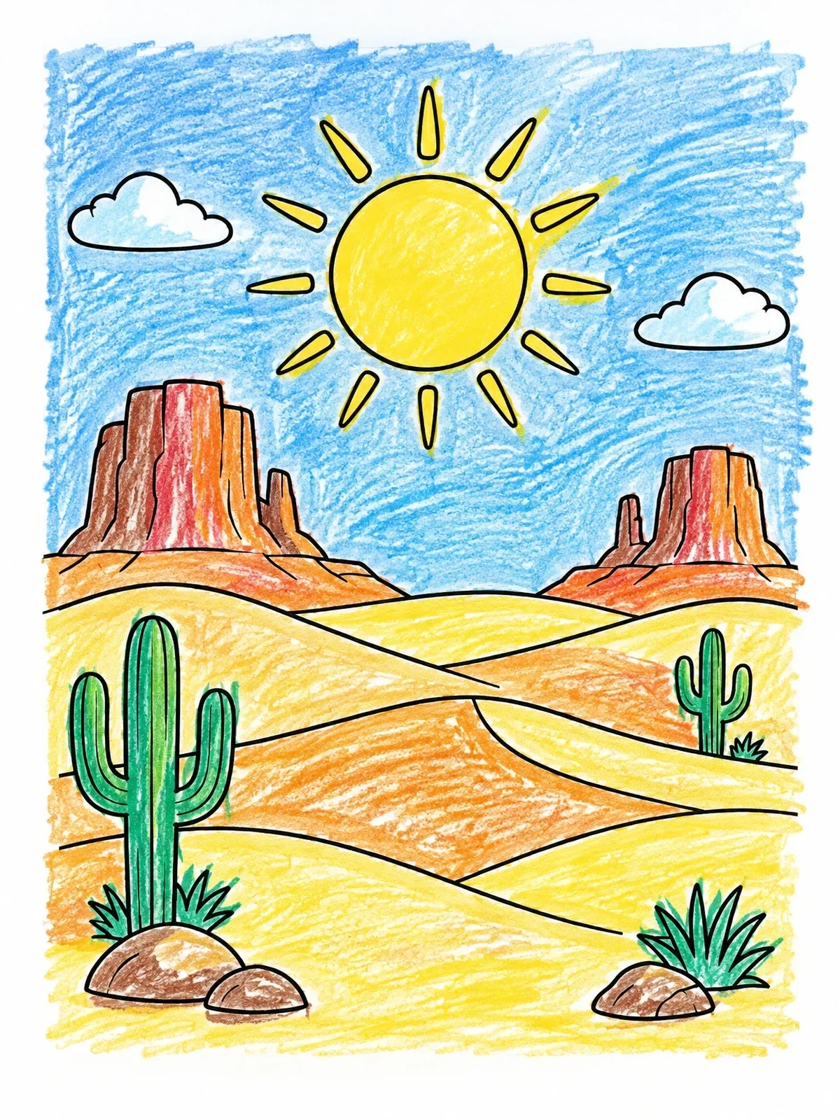 Colored example of the Bright Sun Over Desert Landscape coloring page